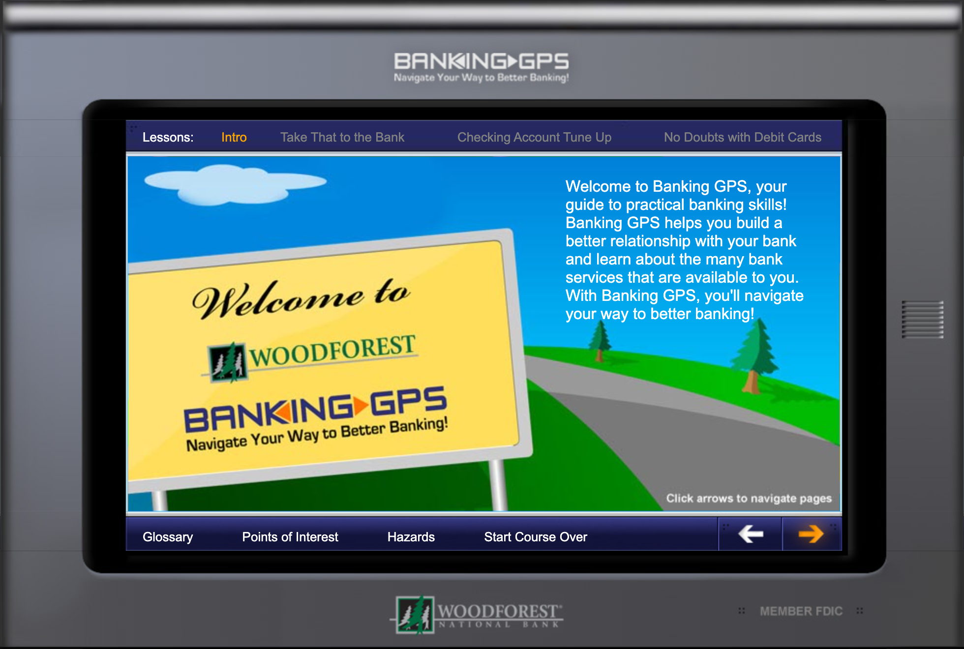 Original Banking GPS intro screen: clip-art welcome sign and blue sky inside a gray GPS-device frame, with dense white text and small lesson links