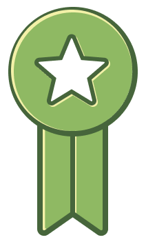 The same award restyled for the course: a dimensional green medal with a cream highlight and two ribbon tails.