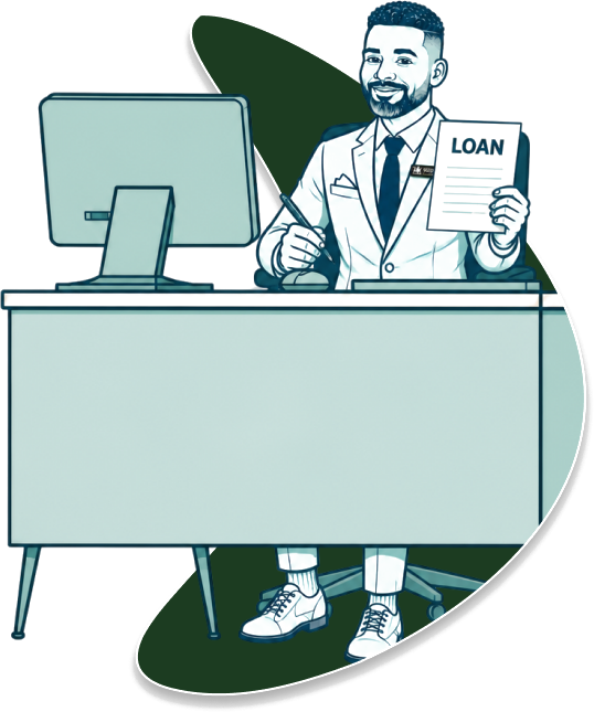 An illustrated loan officer at a desk, the same boomerang filled dark green behind him.