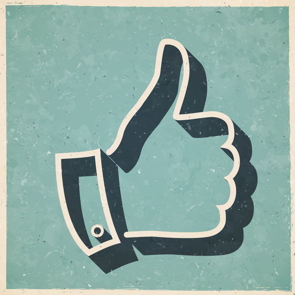 The licensed Getty illustration: a retro thumbs-up in dark slate on a distressed teal square with a cream border.