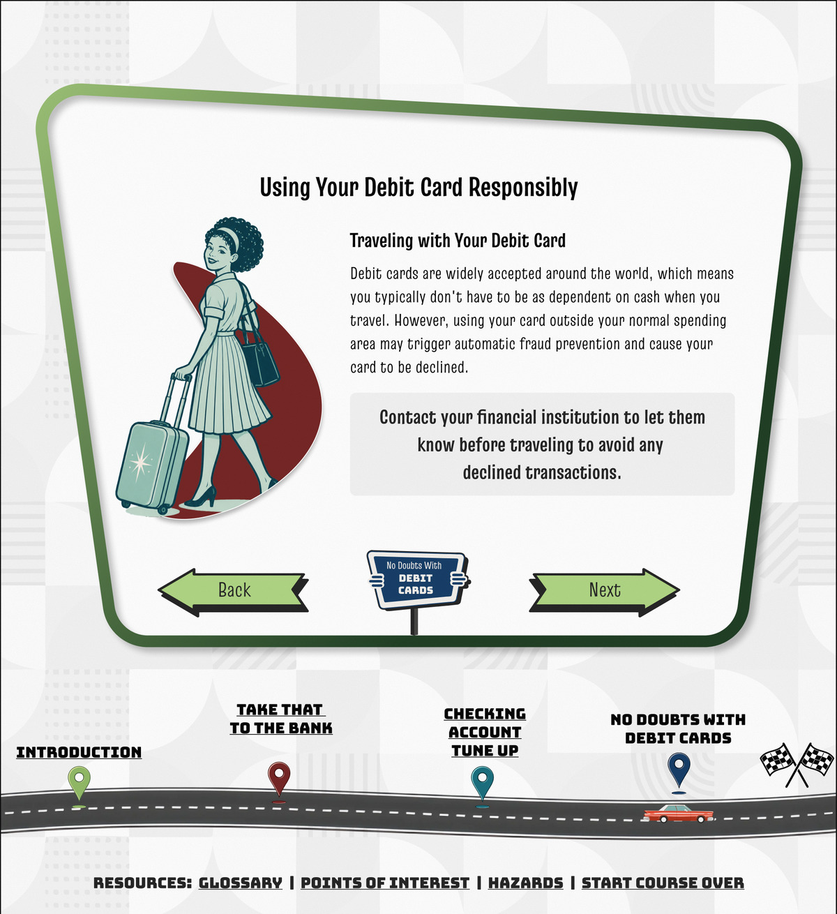 A lesson screen from No Doubts with Debit Cards: a mid-century illustration of a woman traveling with a suitcase against an atomic-era swoosh, beside guidance on using a debit card while traveling, a highlight box advising to contact your financial institution before a trip, the section signpost between Back and Next arrows, the road-map runner with the car at the final stop short of the finish flags, and a Resources line naming the glossary, points of interest and hazards.