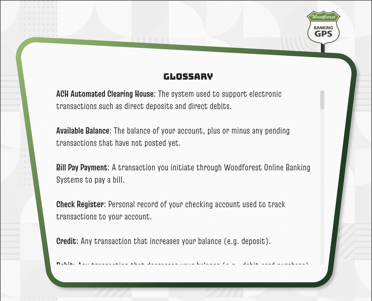 The glossary as its own page of the course: definitions from ACH through Debit in a bordered card with its own scroll bar, the Debit entry cut off mid-line at the card's edge, under the Banking GPS route shield.