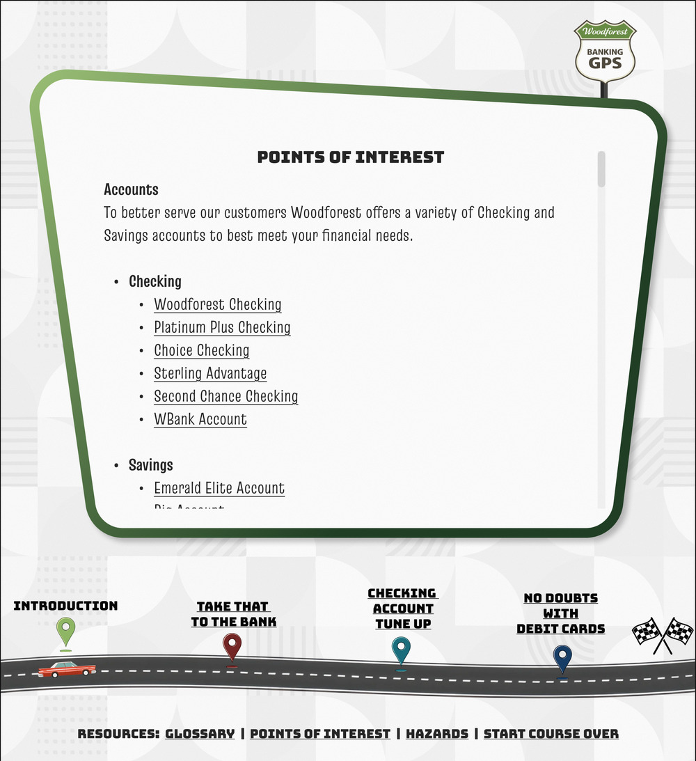 The redesigned points of interest, where the same footer button now opens its own page of the course: account tips on a white card inside the green frame, the progress road and the resources runner below.