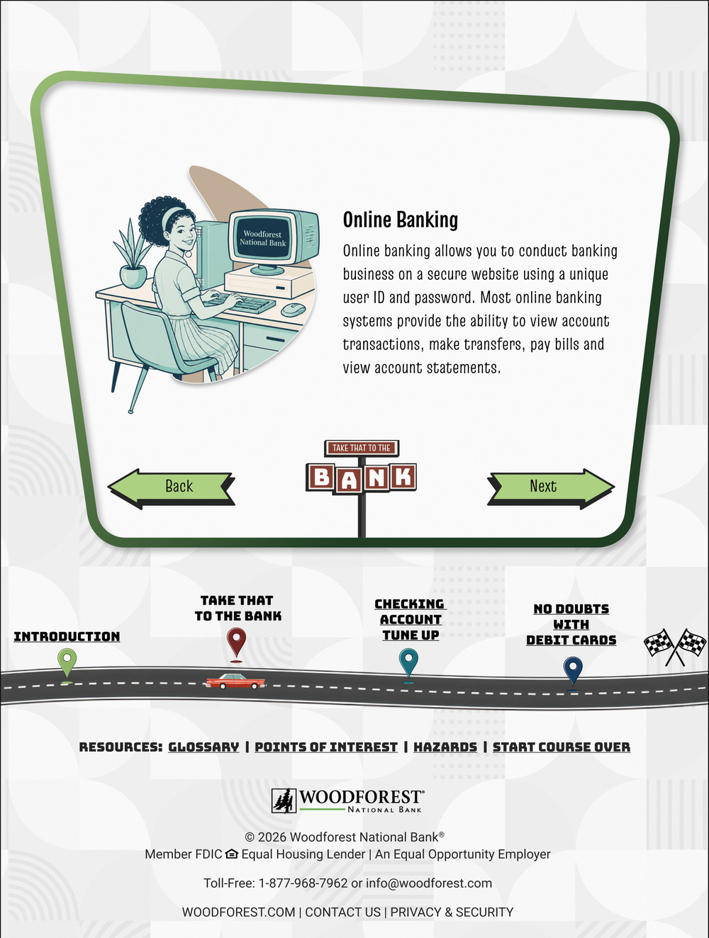 The Online Banking screen from Take That to the Bank: a retro illustration of a woman at a desktop computer beside copy on secure online banking, the section signpost between Back and Next arrows, and the progress road below with the car at the second stop.