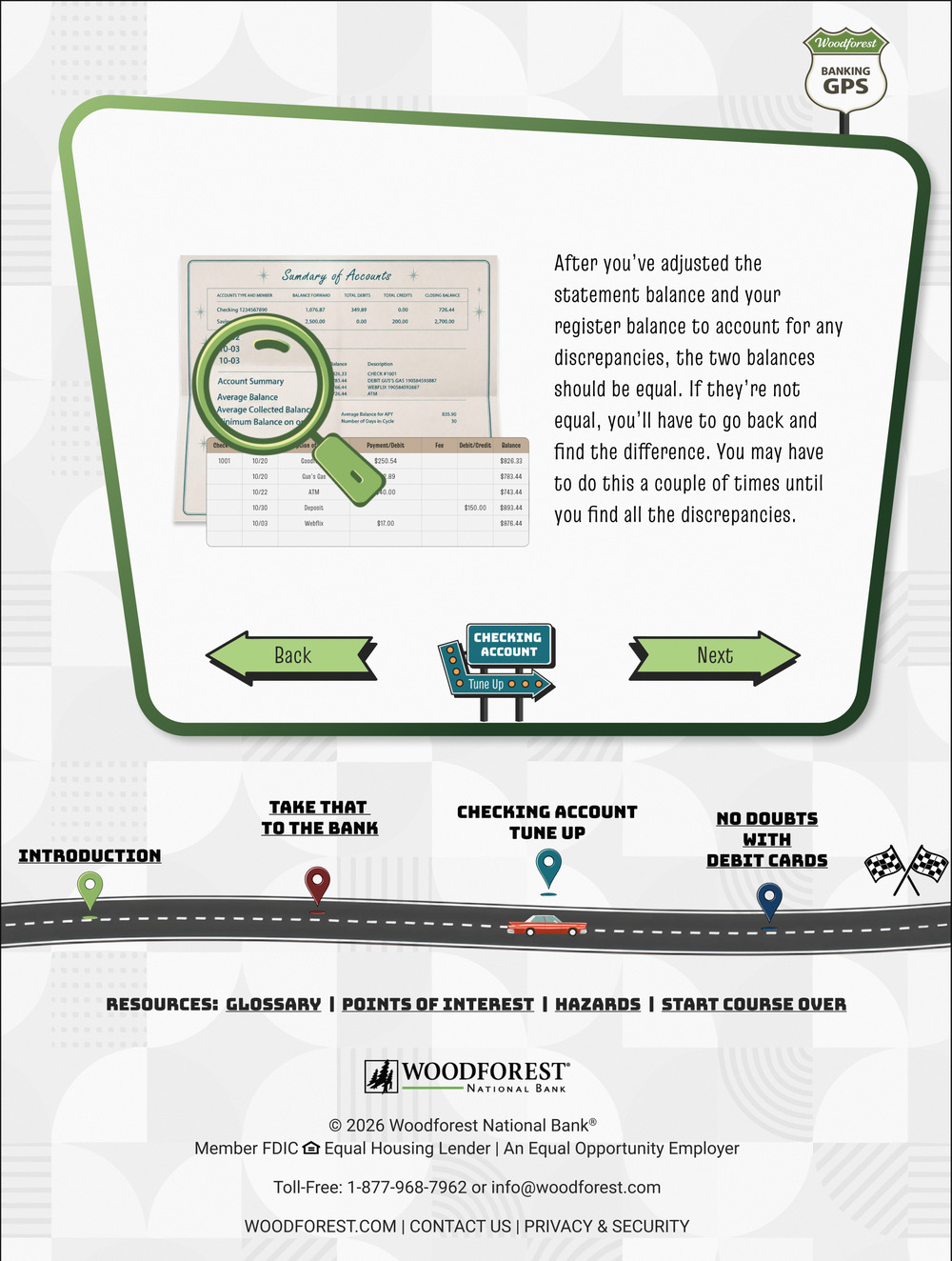 A balancing screen from Checking Account Tune-Up: a magnifying glass held over a Summary of Accounts statement above a check register, beside copy on reconciling the statement and register balances, the car now at the third stop.