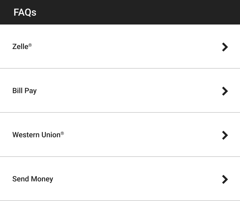 The in-hub FAQ section with four rows: Zelle, Bill Pay, Western Union and Send Money, each opening to its own answers.
