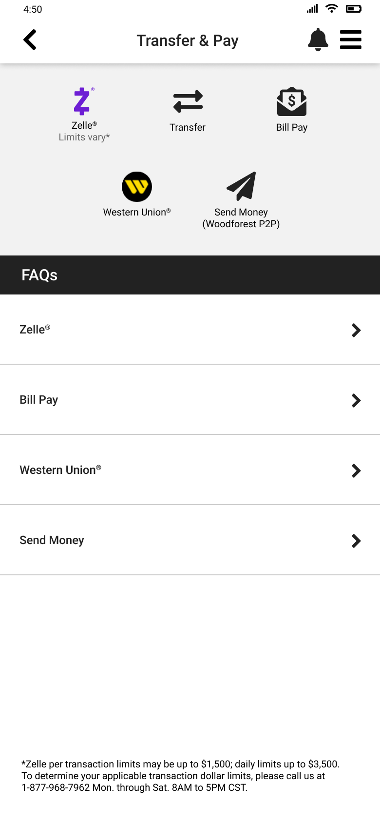 The Transfer & Pay hub as designed for MVP: a quick-action row of Zelle, Transfer, Bill Pay, Western Union and Send Money above FAQs for four of the five features. Zelle is ringed as the one that did not exist before.