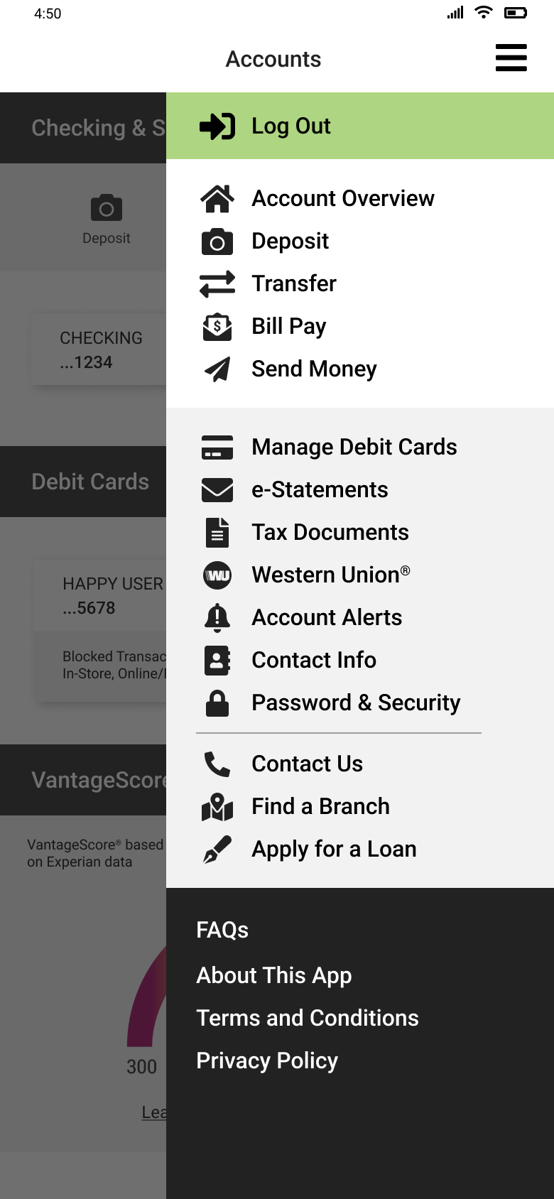 The old Woodforest mobile app menu. Transfer, Bill Pay, and Send Money sit together in one group, while Western Union is stranded four rows below in a separate group between Tax Documents and Account Alerts. Zelle appears nowhere.