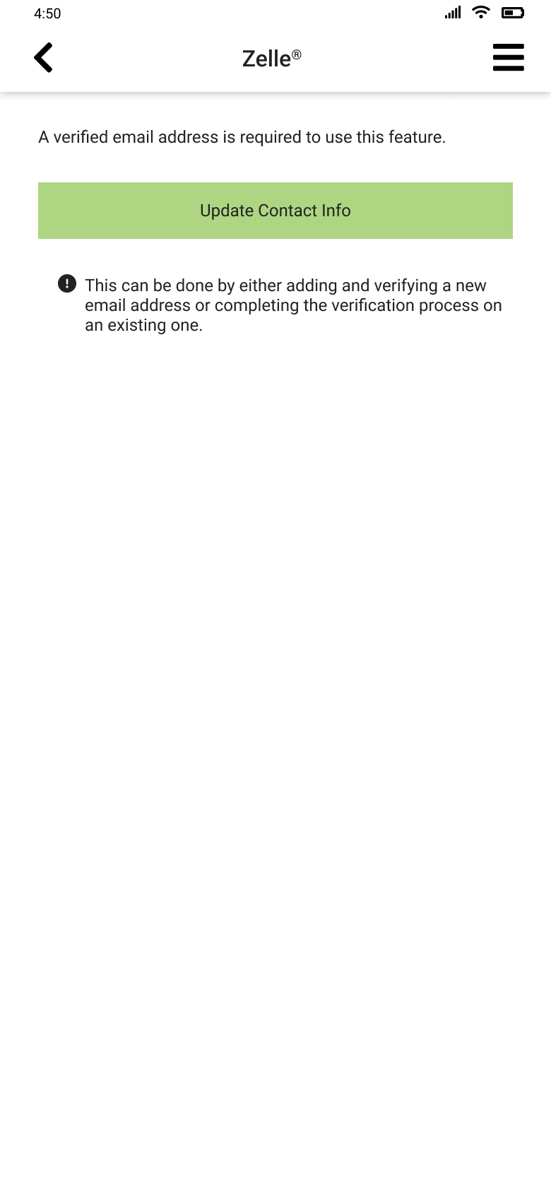The same screen for a customer whose email address is not verified: what is required, a button to update contact info, and a note that they can add a new address or finish verifying an existing one.
