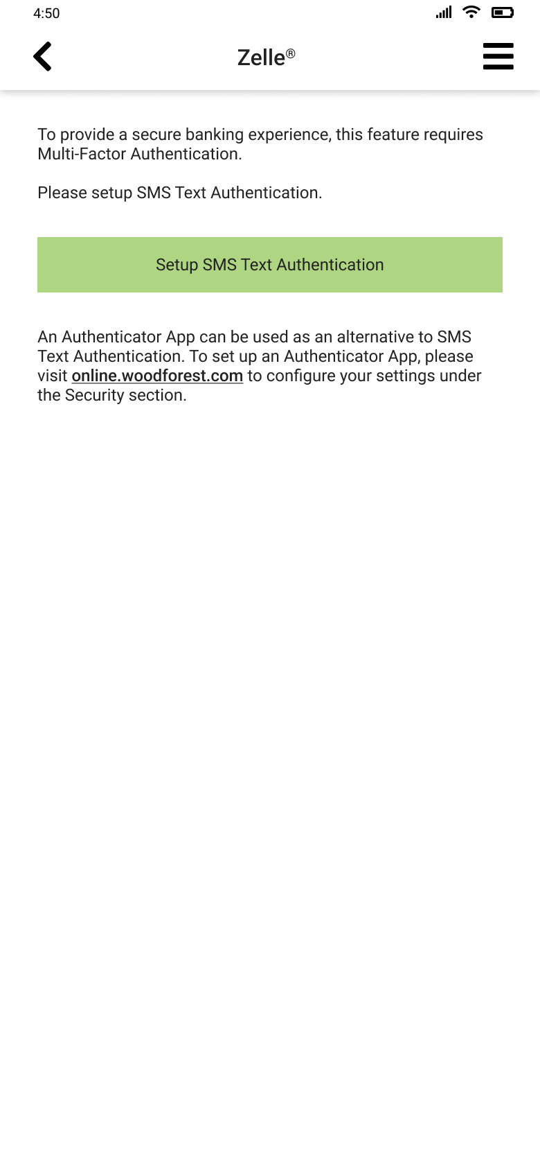 The same screen for a customer without multi-factor authentication: what it is needed for, a button to set up SMS authentication, and a second paragraph offering an authenticator app instead.