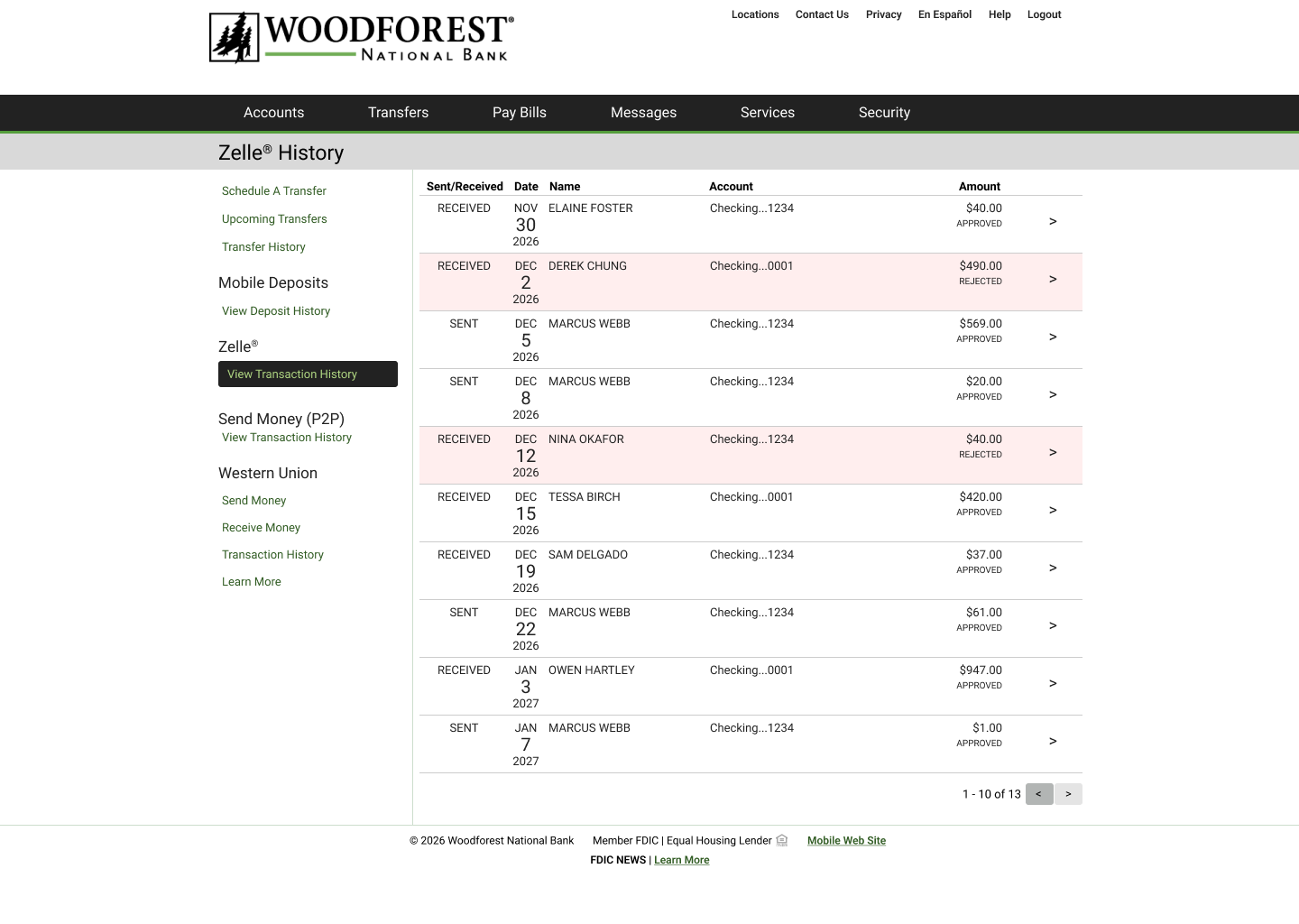 Zelle history in Woodforest's Online Banking: a read-only table of sent and received payments, each row showing date, the other party, account, amount, whether it was approved or rejected, and the chevron marking the row as selectable.