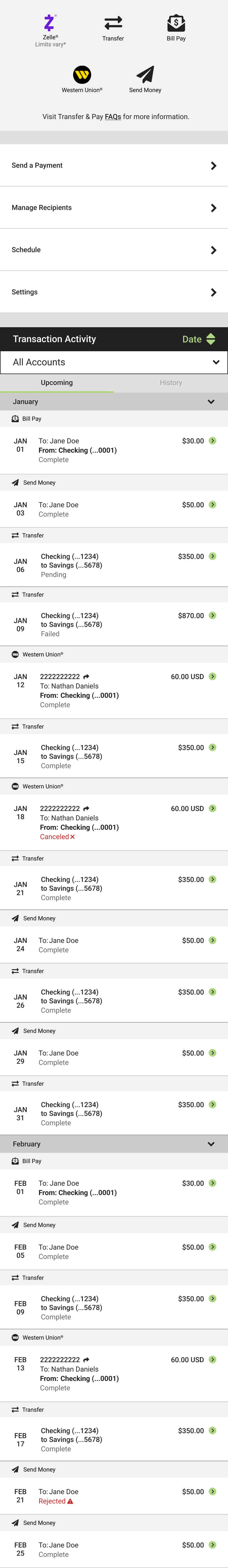 Upcoming payments ordered by date, with the sort set to Date, the account filter on All Accounts and the Upcoming tab active. Under a January heading, Bill Pay, Send Money and Transfer payments run interleaved in date order, each row carrying its accounts, amount and status.
