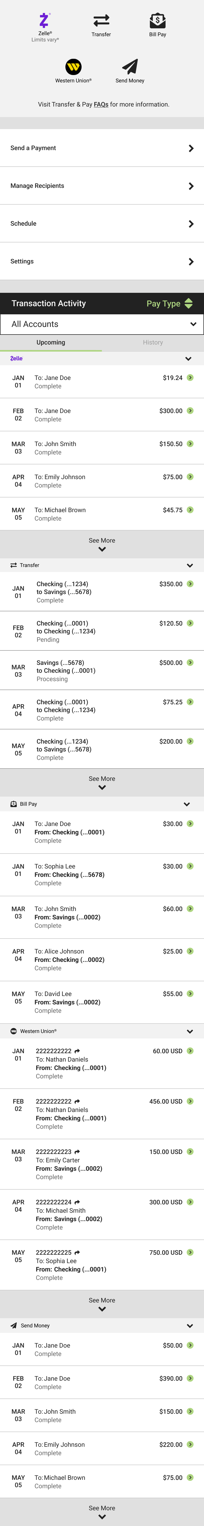 The same upcoming payments with the sort set to Pay Type and the same account filter and tab. Now a Zelle heading carries only Zelle payments, capped with a See More control, and Transfer begins its own group below it.