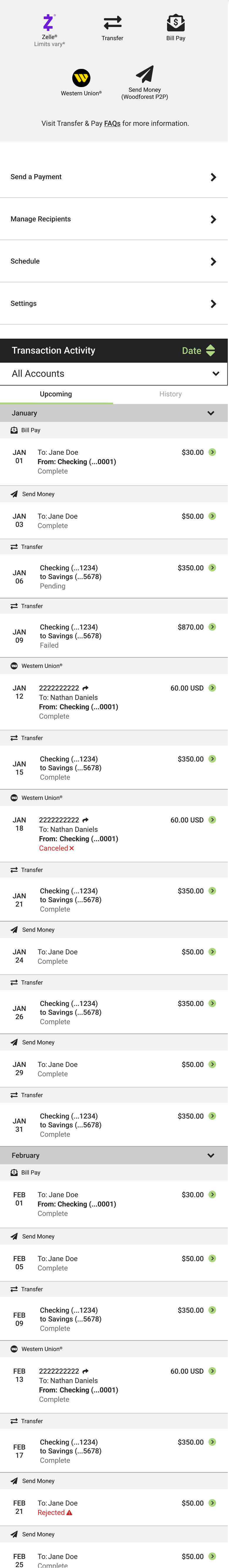 The complete Transfer & Pay Hub as designed: a quick-action menu of all five features, a list of common actions (send a payment, manage recipients, schedule, settings), and a transaction activity feed under an account dropdown and upcoming and history tabs, running months deep