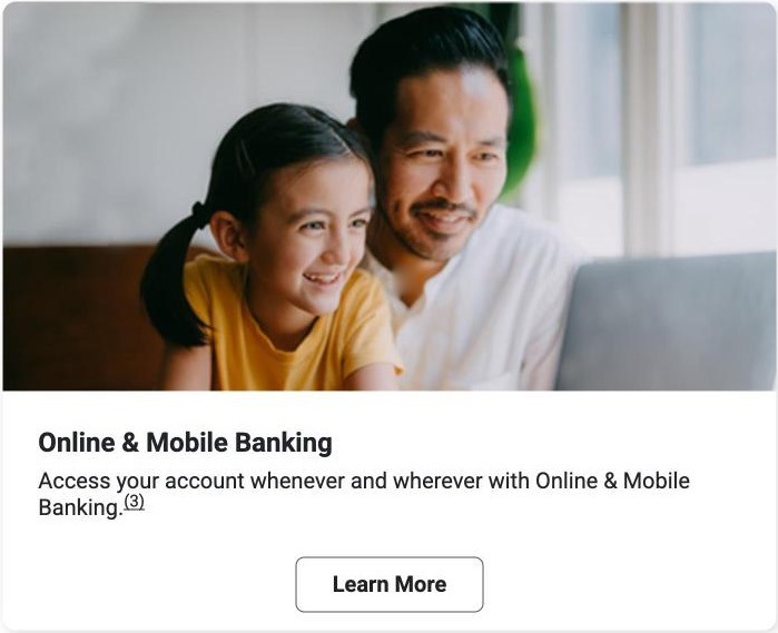 The Online and Mobile Banking card on a phone in April 2026: a full-width photo, then the heading, then the text, then a Learn More button, stacked down the screen.
