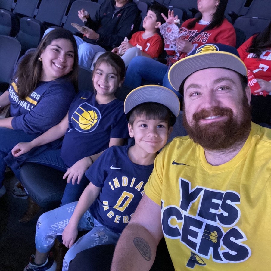 The Glaze family in Pacers gear at an Indiana Pacers game