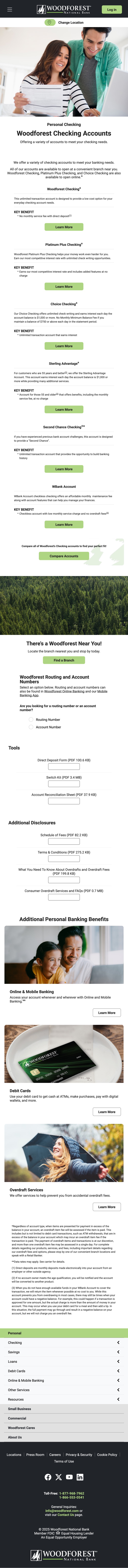 The shipped Woodforest Checking Accounts page on a tablet: a full-bleed photograph of two customers at a laptop, above the Personal Checking heading block, with the navigation collapsed to a menu button.