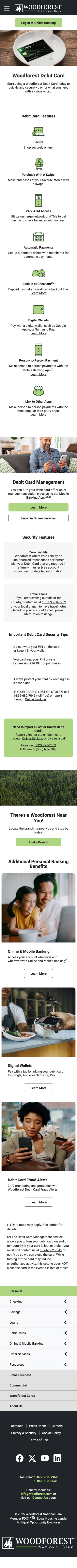 The shipped Woodforest Debit Card page on a phone, in a single column, with the feature tiles stacked one per row.