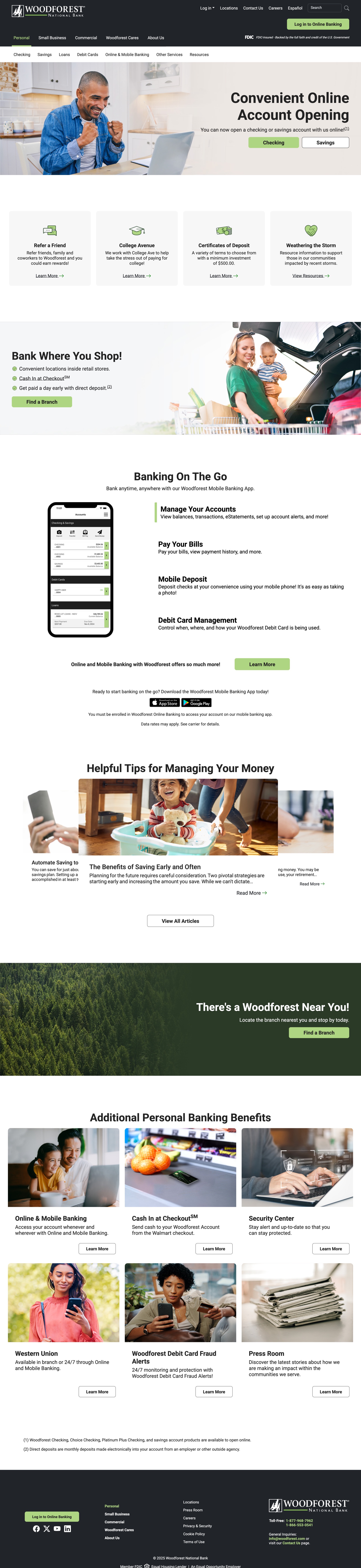 The full redesigned Woodforest.com homepage at launch: a restructured navigation that surfaces Checking, Savings, Loans and Debit Cards as their own row, a full-width Convenient Online Account Opening hero with separate Checking and Savings buttons, a row of promo cards, a full-bleed Bank Where You Shop band, a Banking On The Go section built around a phone screen, an article carousel, a full-bleed branch-locator band headed There's a Woodforest Near You, a card grid of banking benefits, and a modern footer.