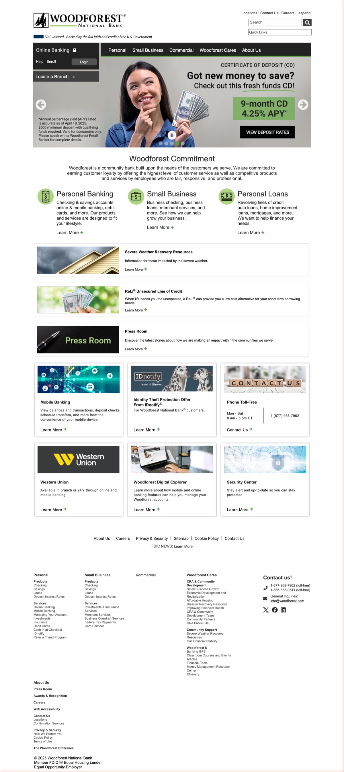 The full old Woodforest.com homepage before the redesign: a rotating carousel promoting a certificate of deposit, a small dark navigation bar, and rows of tiles, eleven of them wearing the same Learn More, in an outdated, desktop-only layout. Checking and savings appear in the body once, inside a general Personal Banking tile.