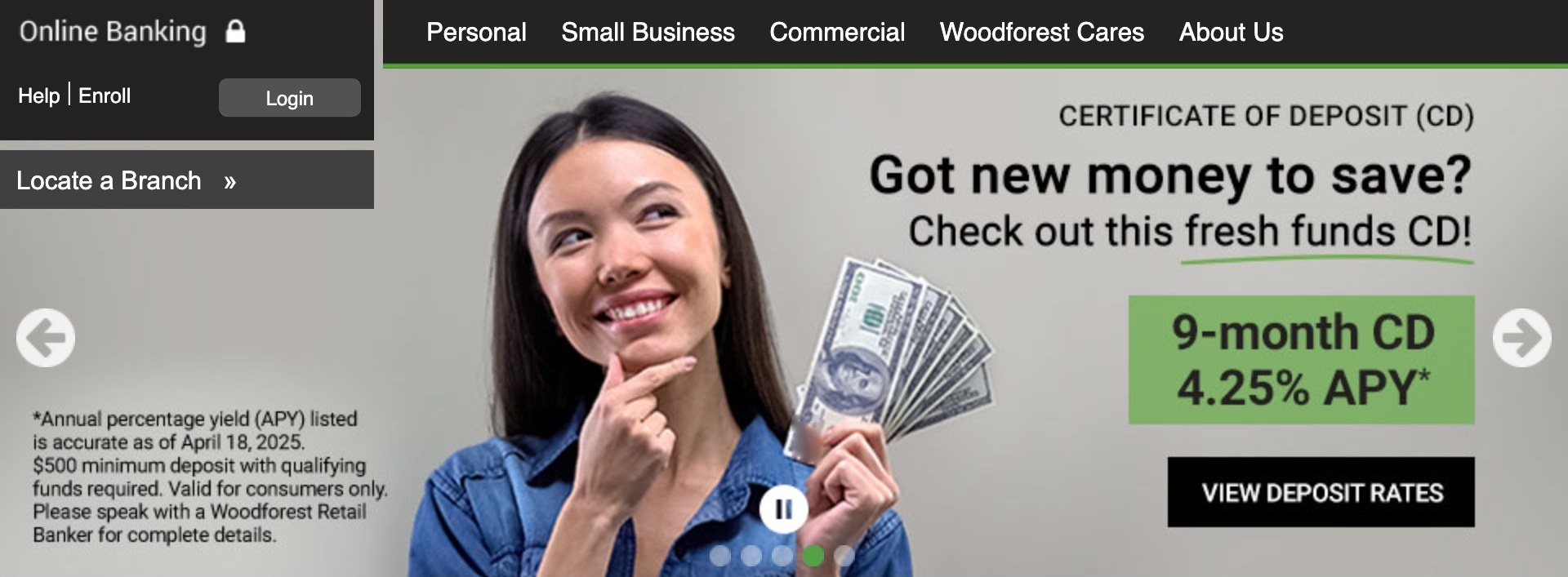 The old Woodforest homepage hero: a rotating banner carrying a certificate-of-deposit promotion, with previous and next arrows, a pause button and five slide dots with the fourth active, and the Online Banking login panel overlaid at the left.