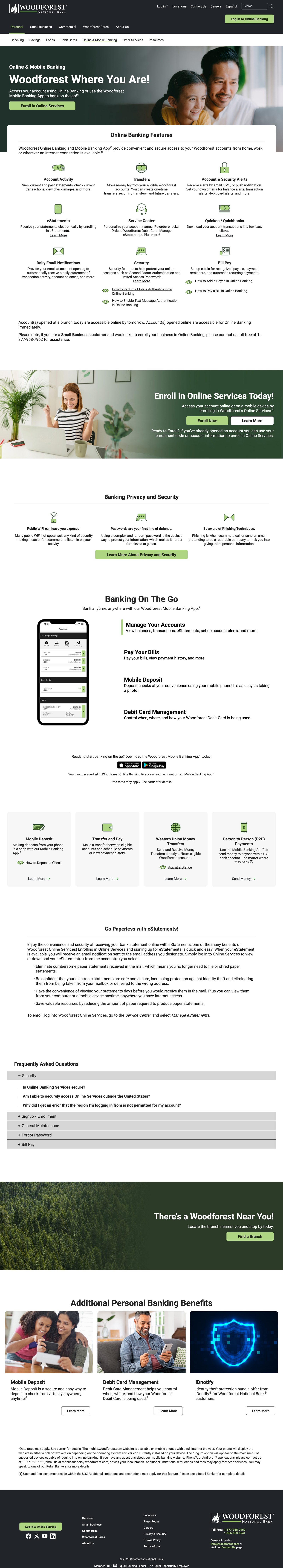 The shipped Online and Mobile Banking page on desktop: a photographic hero headed Woodforest Where You Are! with an Enroll in Online Services button, over a white panel of green-icon feature tiles headed Online Banking Features.