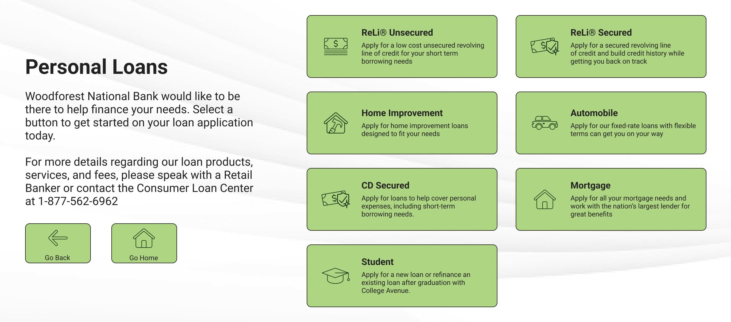 The redesigned Personal Loans screen: the heading and explanation on the left with Go Back and Go Home beneath them, and seven green buttons in a two-column grid on the right.