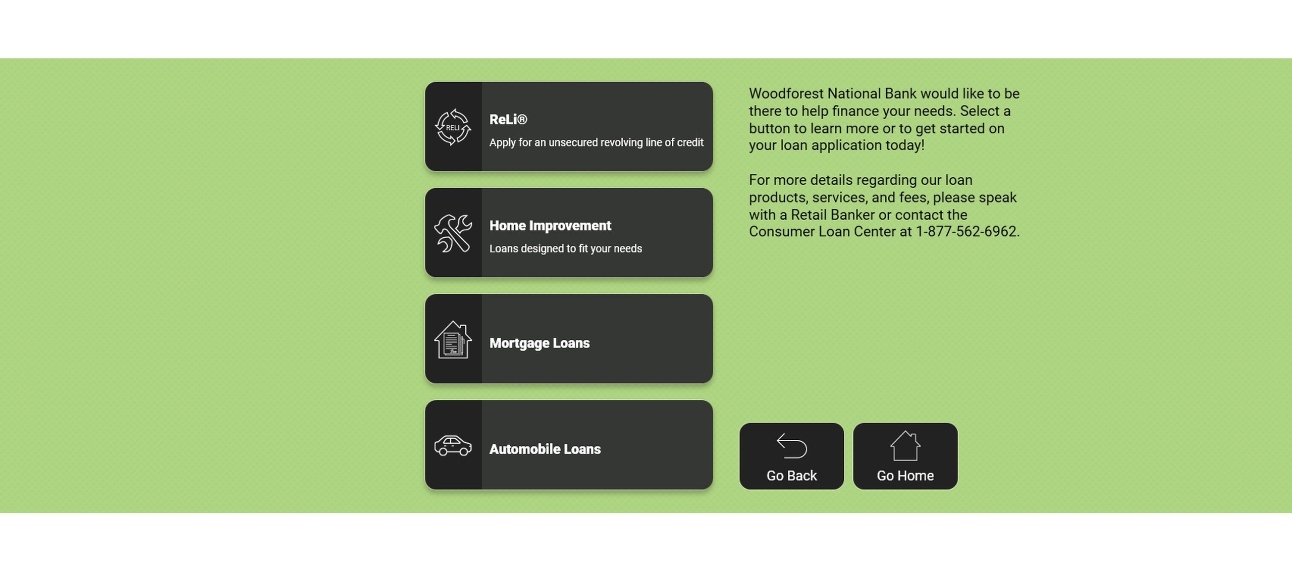 The old Personal Loans screen: four dark buttons stacked in a single left column, with the explanatory copy off to their right and Go Back and Go Home beneath it.