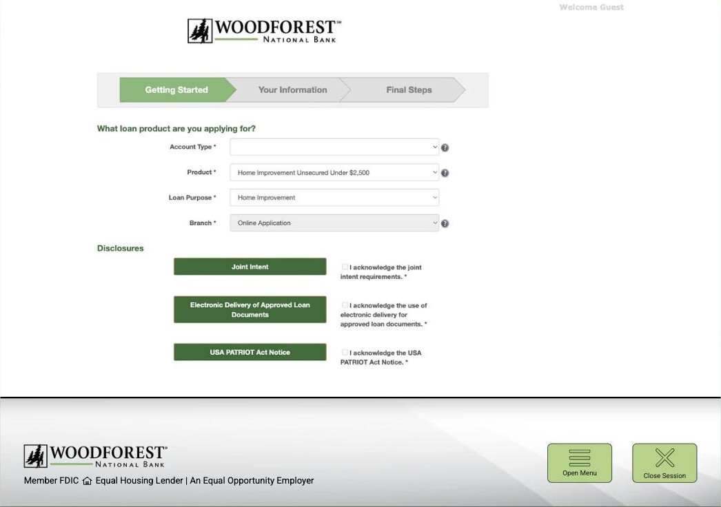 Secure browsing session: the loan application open in the kiosk's framed browser, Open Menu and Close Session below.