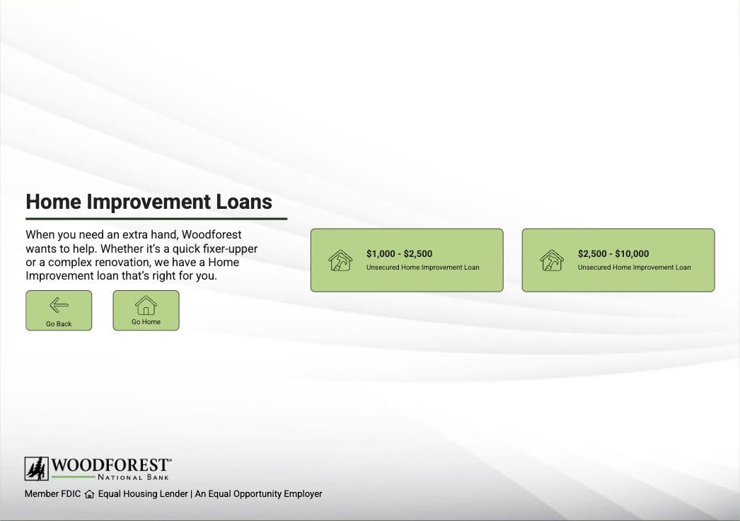 Home Improvement Loans screen with two amount buttons, $1,000 to $2,500 and $2,500 to $10,000.