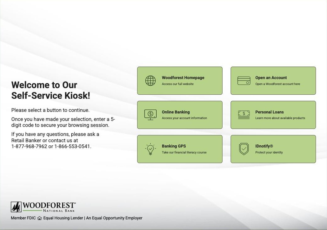 Kiosk home screen: welcome copy on the left, six green buttons in a two-column grid on the right.