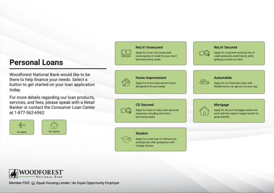 Personal Loans screen: intro copy and the Consumer Loan Center number on the left, seven loan product buttons on the right.
