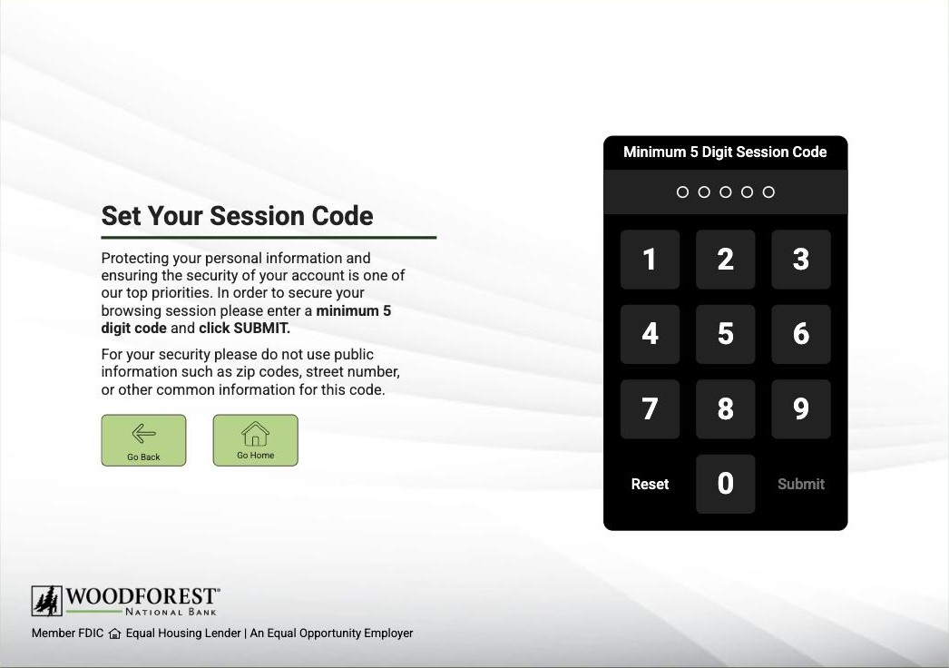 Set Your Session Code screen: the explanation on the left, a dark keypad with five entry dots, Reset, and Submit on the right.